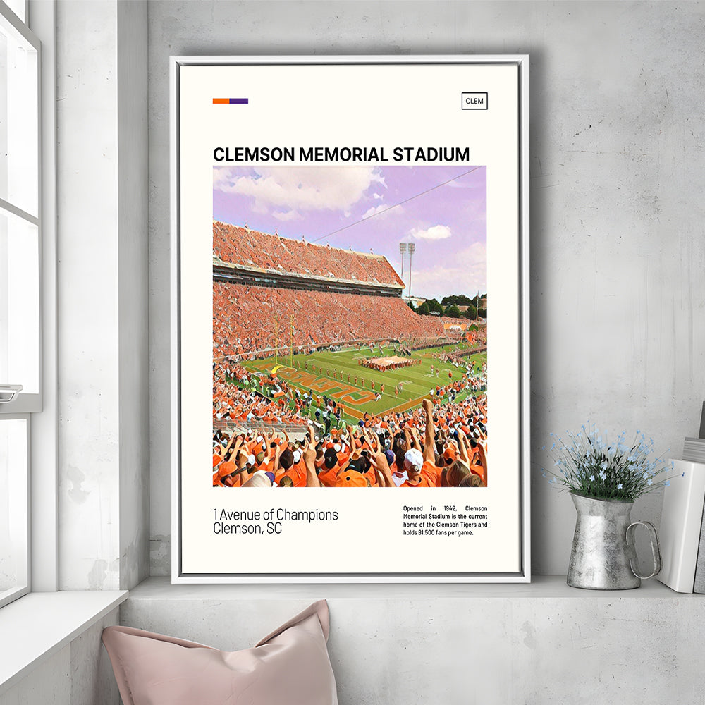 Clemson Memorial Stadium Print, Clemson Tigers Stadium Canvas Art, Man Cave Gift, Floating Framed Canvas Print Wall Art