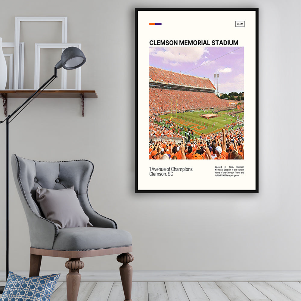 Clemson Memorial Stadium Print, Clemson Tigers Stadium Canvas Art, Man Cave Gift, Floating Framed Canvas Print Wall Art