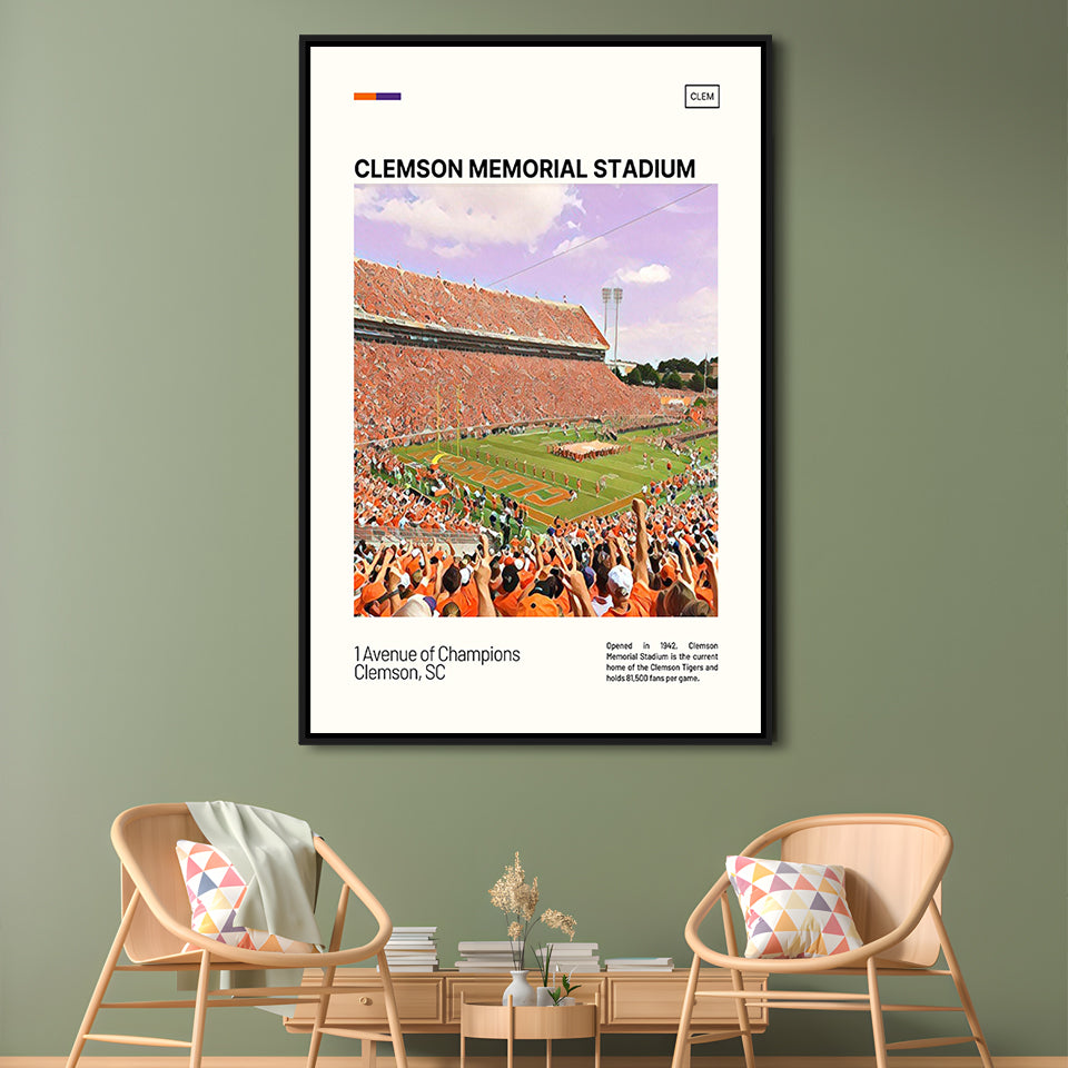 Clemson Memorial Stadium Print, Clemson Tigers Stadium Canvas Art, Man Cave Gift, Floating Framed Canvas Print Wall Art