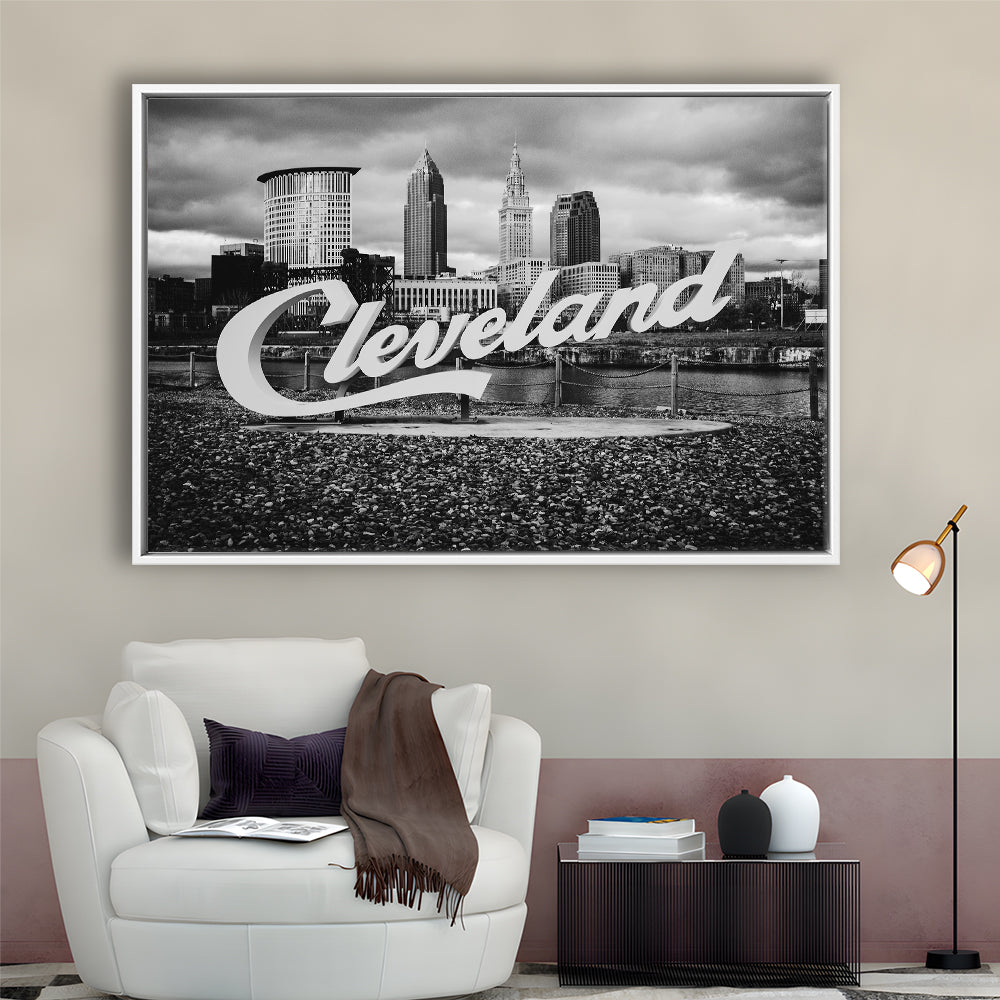 Cleveland Art Print, Black and White Vintage Photography, Cleveland Wall Art, Floating Framed Canvas Print