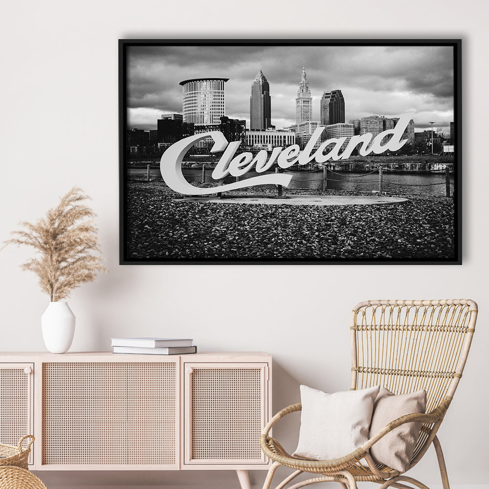 Cleveland Art Print, Black and White Vintage Photography, Cleveland Wall Art, Floating Framed Canvas Print