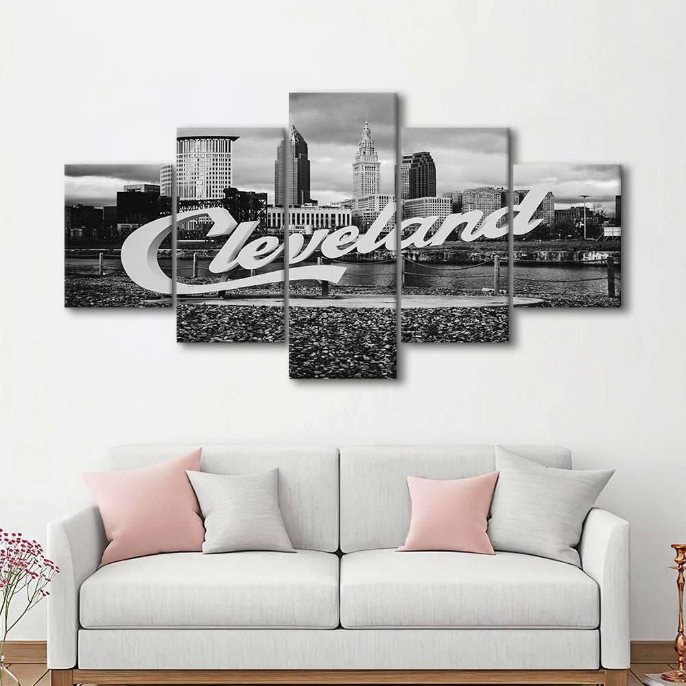 Cleveland Art Print, Black and White Vintage Photography, Cleveland Wall Art, Mixed 5 Pieces Canvas Print