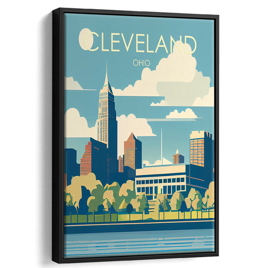 Cleveland Ohio Retro Art Print, Cleveland City Wall Art, Floating Framed Canvas Print, Framed Picture, Painting Canvas