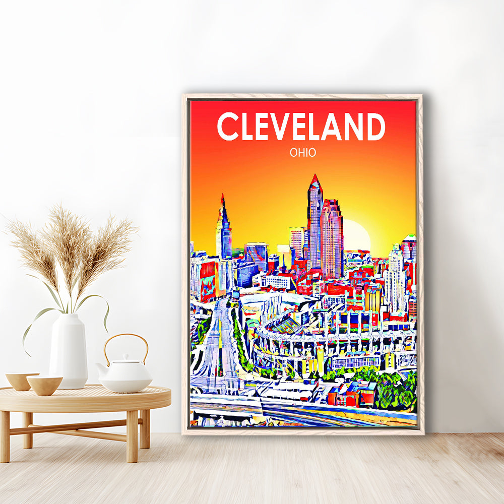 Cleveland Ohio Sunset Art Print, Cleveland City Wall Art, Floating Framed Canvas Print, Framed Picture, Painting Canvas