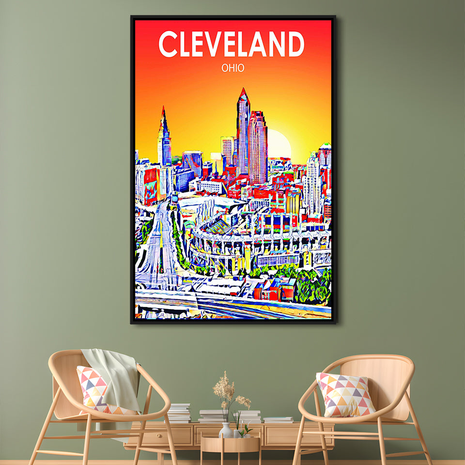 Cleveland Ohio Sunset Art Print, Cleveland City Wall Art, Floating Framed Canvas Print, Framed Picture, Painting Canvas