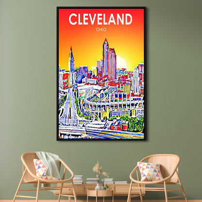 Cleveland Ohio Sunset Art Print, Cleveland City Wall Art, Floating Framed Canvas Print, Framed Picture, Painting Canvas
