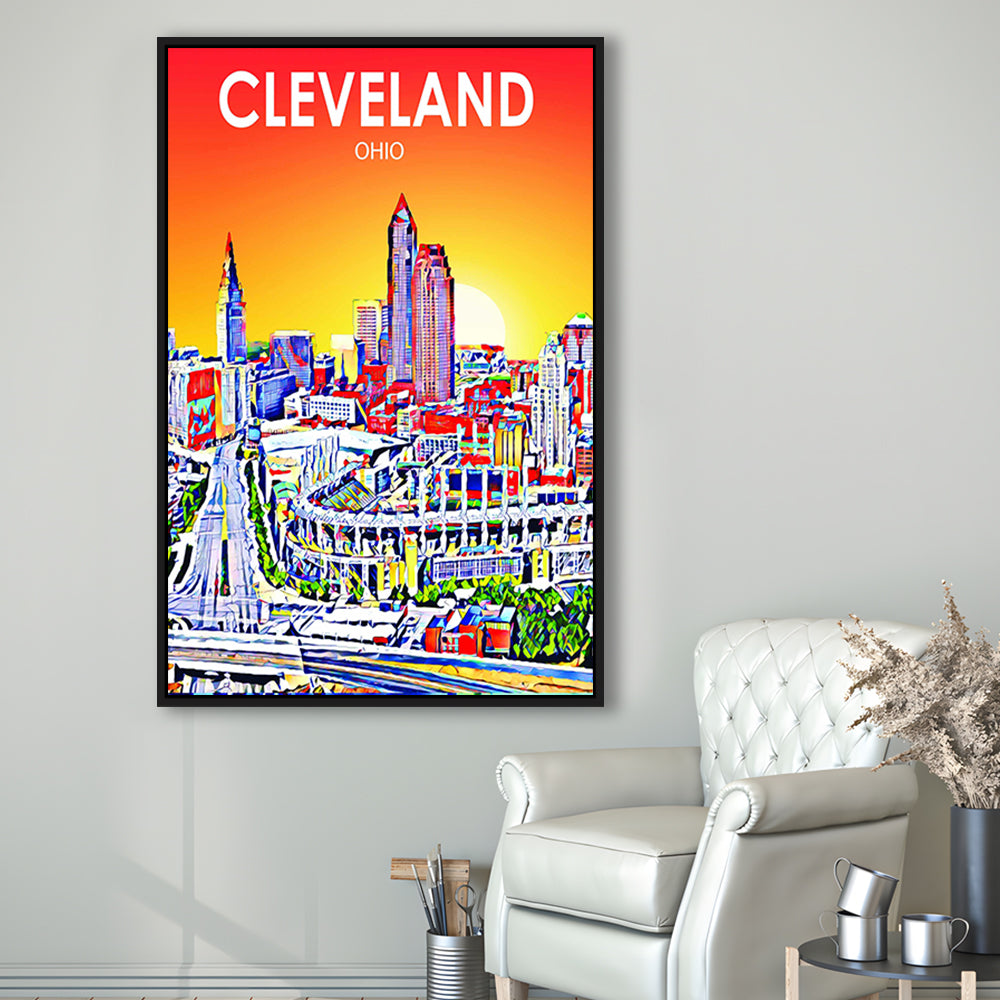 Cleveland Ohio Sunset Art Print, Cleveland City Wall Art, Floating Framed Canvas Print, Framed Picture, Painting Canvas