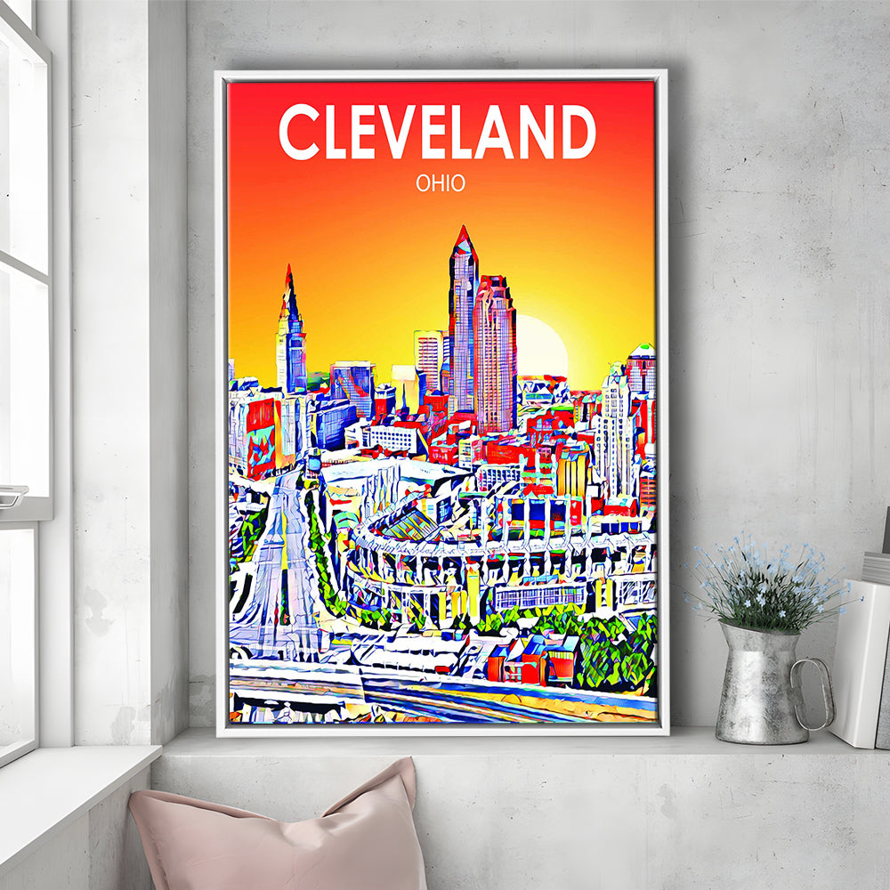 Cleveland Ohio Sunset Art Print, Cleveland City Wall Art, Floating Framed Canvas Print, Framed Picture, Painting Canvas