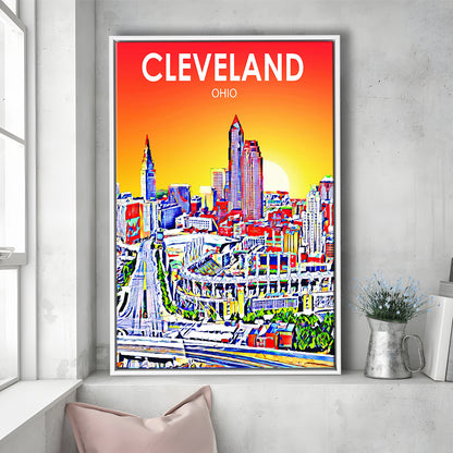 Cleveland Ohio Sunset Art Print, Cleveland City Wall Art, Floating Framed Canvas Print, Framed Picture, Painting Canvas