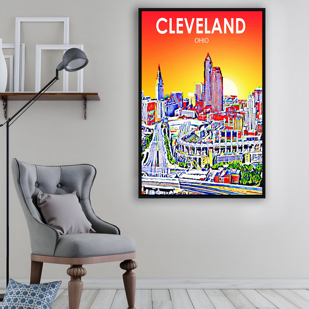 Cleveland Ohio Sunset Art Print, Cleveland City Wall Art, Floating Framed Canvas Print, Framed Picture, Painting Canvas