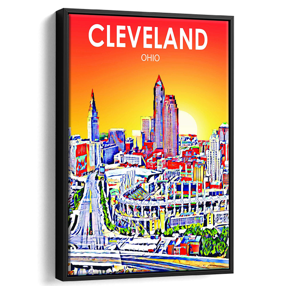 Cleveland Ohio Sunset Art Print, Cleveland City Wall Art, Floating Framed Canvas Print, Framed Picture, Painting Canvas