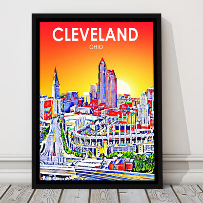 Cleveland Ohio Sunset Art Print, Cleveland City Wall Art, Floating Framed Canvas Print, Framed Picture, Painting Canvas