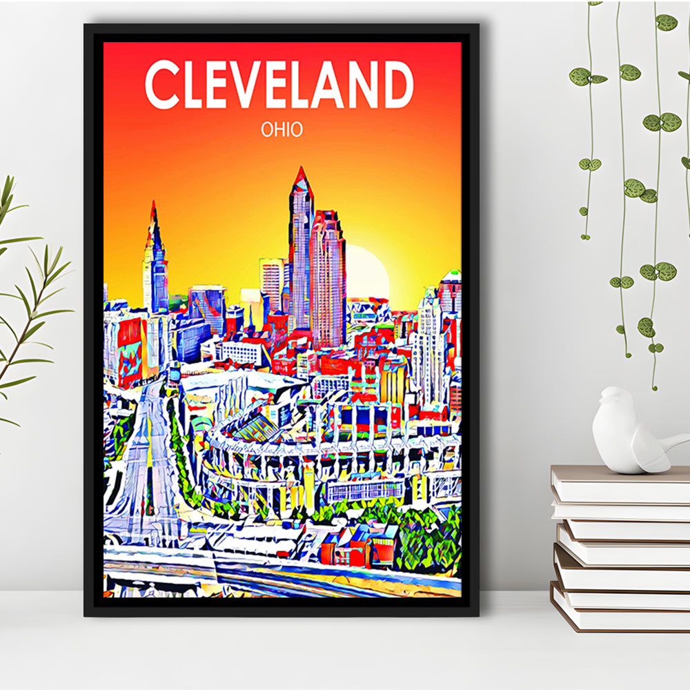 Cleveland Ohio Sunset Art Print, Cleveland City Wall Art, Floating Framed Canvas Print, Framed Picture, Painting Canvas