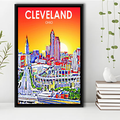 Cleveland Ohio Sunset Art Print, Cleveland City Wall Art, Floating Framed Canvas Print, Framed Picture, Painting Canvas