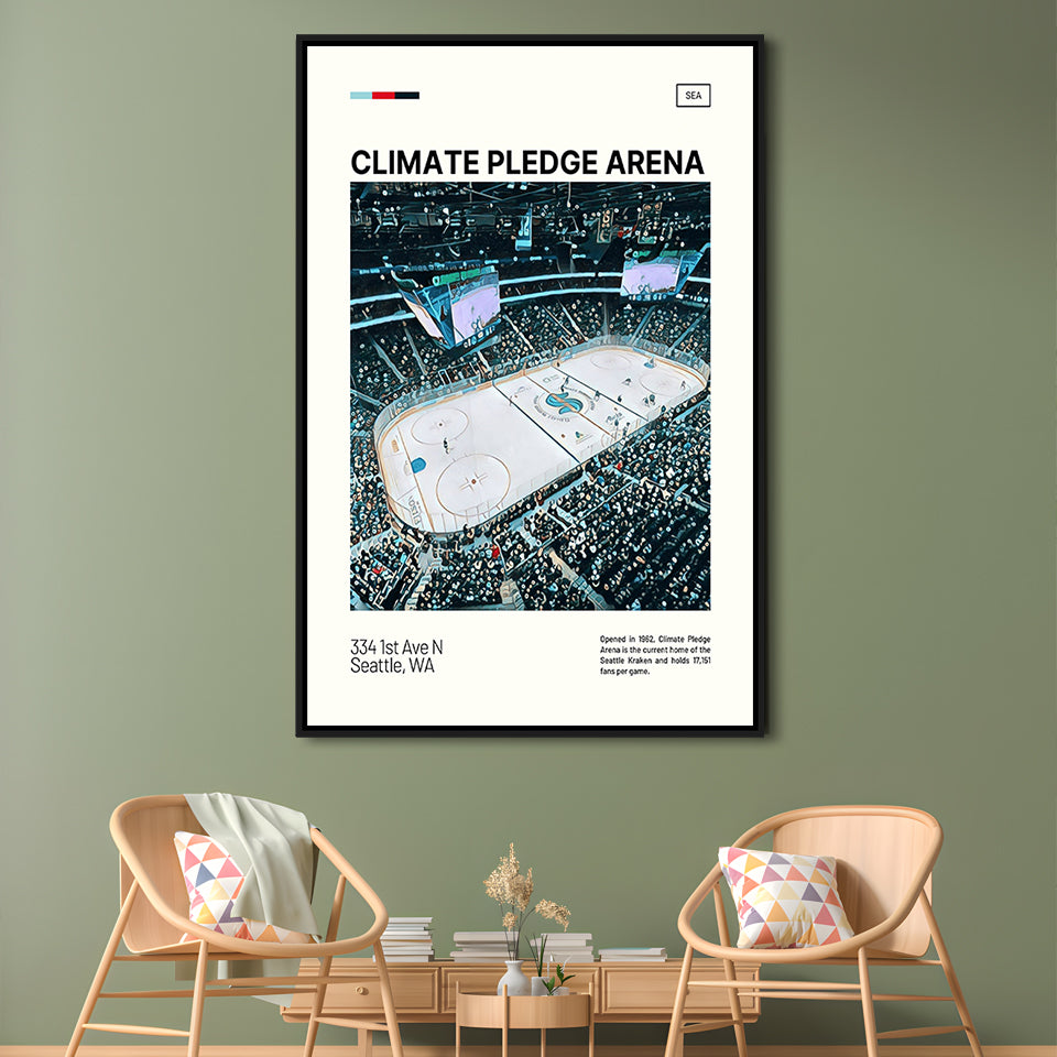 Climate Pledge Arena Print, Seattle Kraken Stadium Canvas Art100, Man Cave Gift, Floating Framed Canvas Print Wall Art