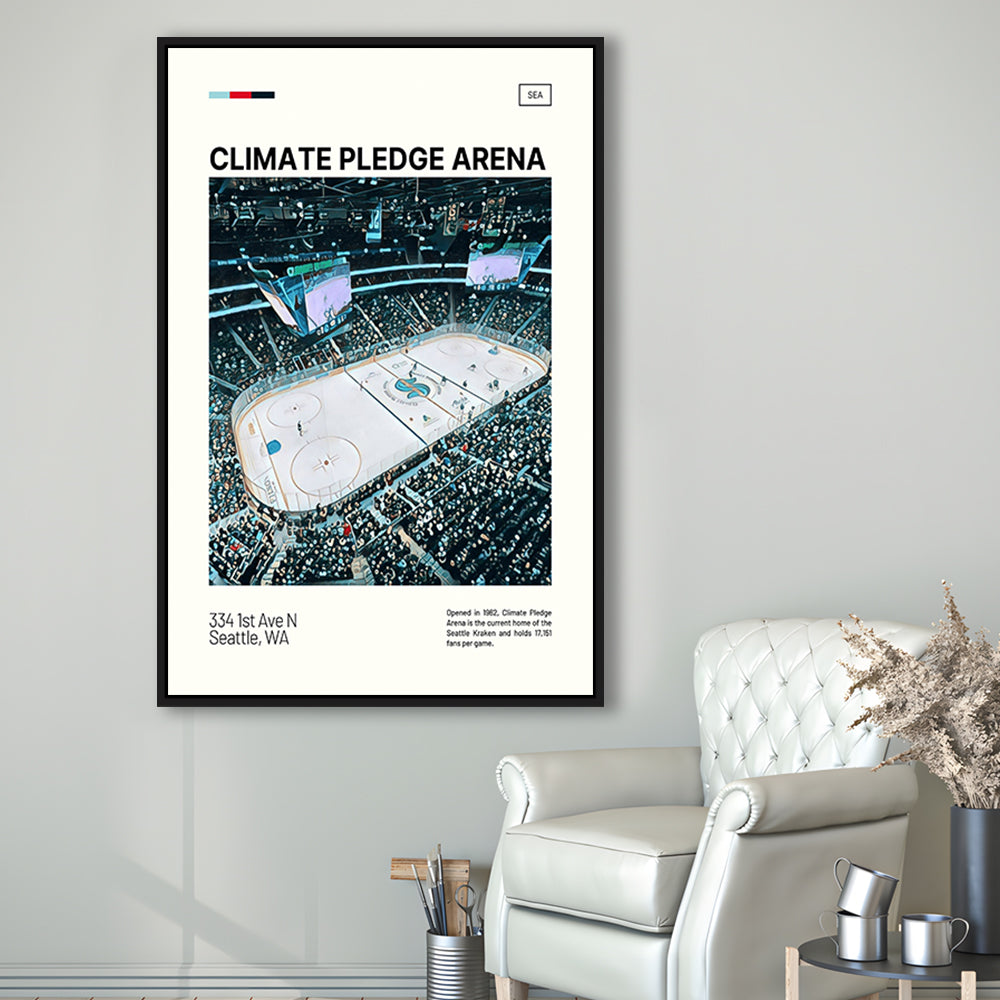 Climate Pledge Arena Print, Seattle Kraken Stadium Canvas Art100, Man Cave Gift, Floating Framed Canvas Print Wall Art