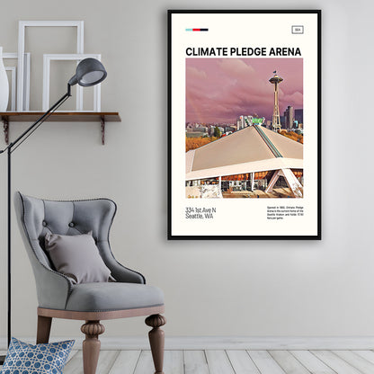 Climate Pledge Arena Print, Seattle Kraken Stadium Canvas Art, Man Cave Gift, Floating Framed Canvas Print Wall Art