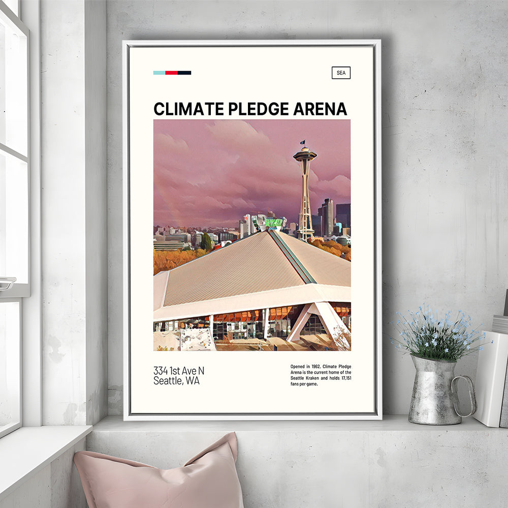 Climate Pledge Arena Print, Seattle Kraken Stadium Canvas Art, Man Cave Gift, Floating Framed Canvas Print Wall Art