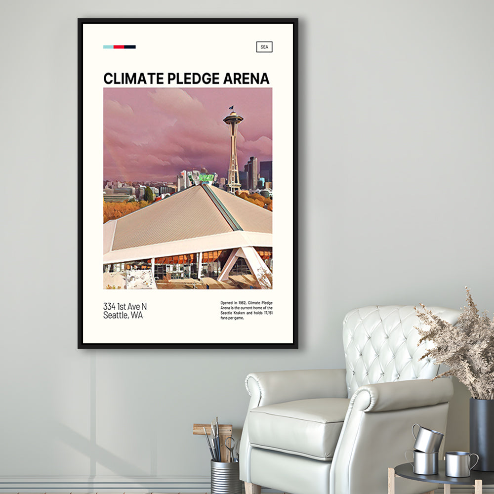Climate Pledge Arena Print, Seattle Kraken Stadium Canvas Art, Man Cave Gift, Floating Framed Canvas Print Wall Art