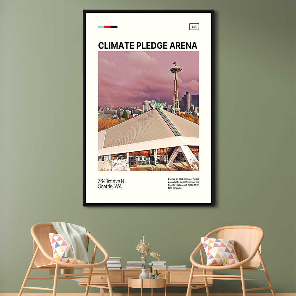 Climate Pledge Arena Print, Seattle Kraken Stadium Canvas Art, Man Cave Gift, Floating Framed Canvas Print Wall Art