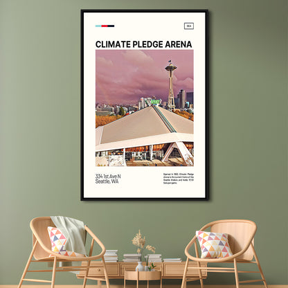 Climate Pledge Arena Print, Seattle Kraken Stadium Canvas Art, Man Cave Gift, Floating Framed Canvas Print Wall Art