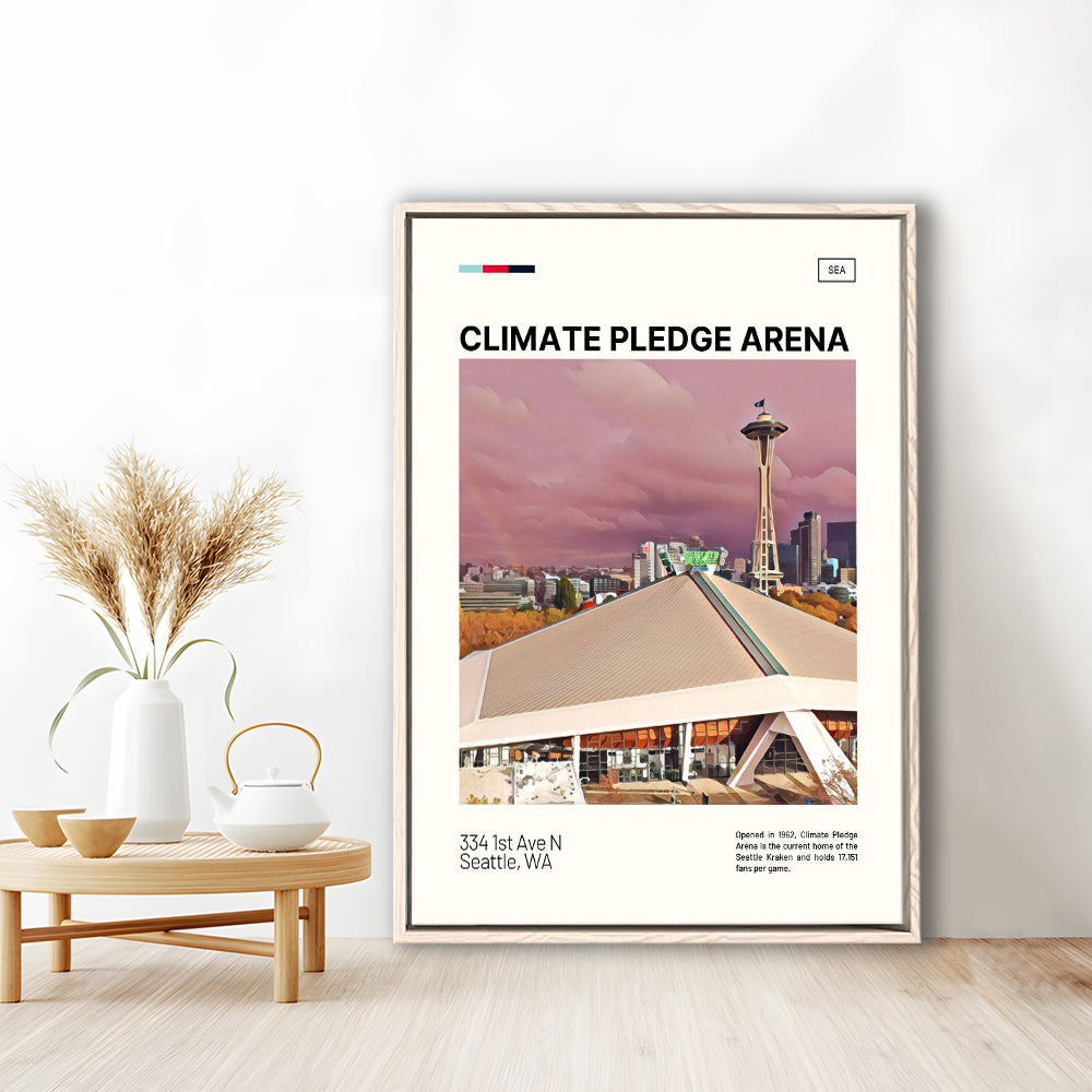 Climate Pledge Arena Print, Seattle Kraken Stadium Canvas Art, Man Cave Gift, Floating Framed Canvas Print Wall Art