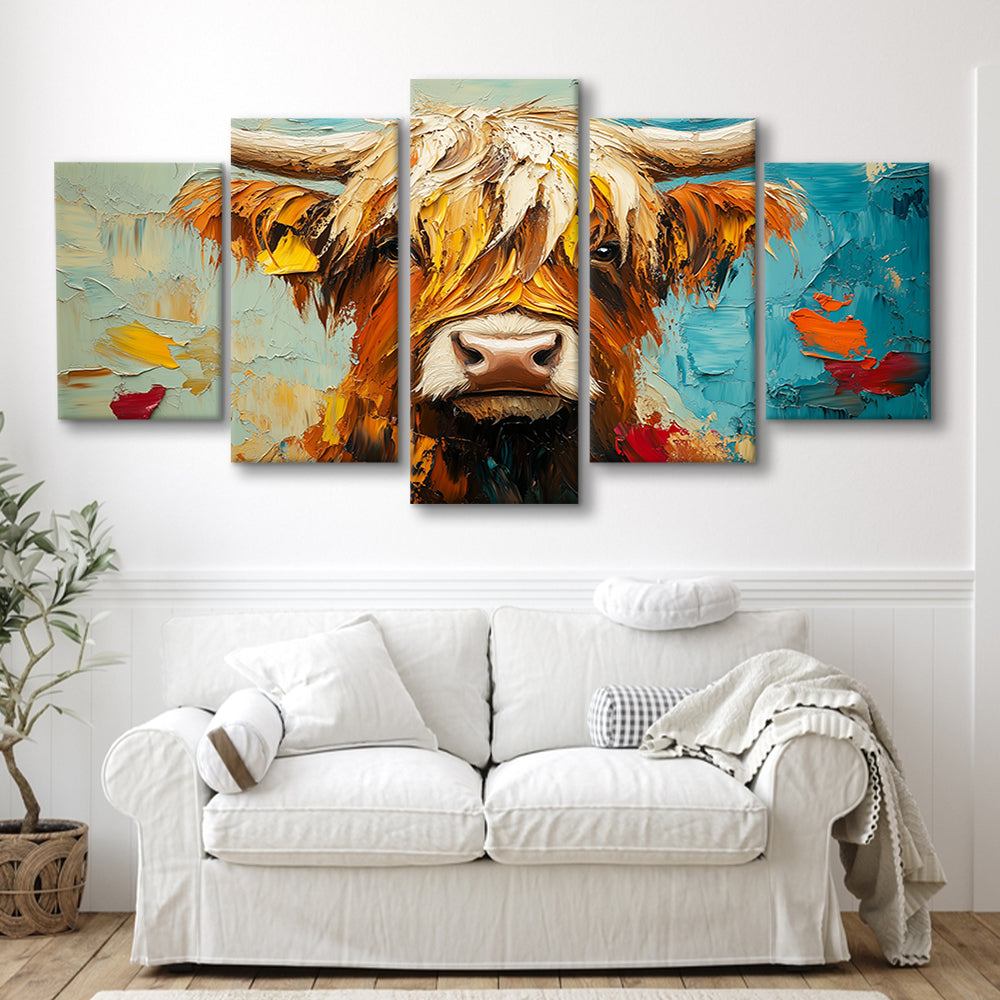 Close Up Highland Cow Portrait Art Painting, Canvas Art Decor Print, Painting Art, Mixed Panels Canvas Print Wall Art