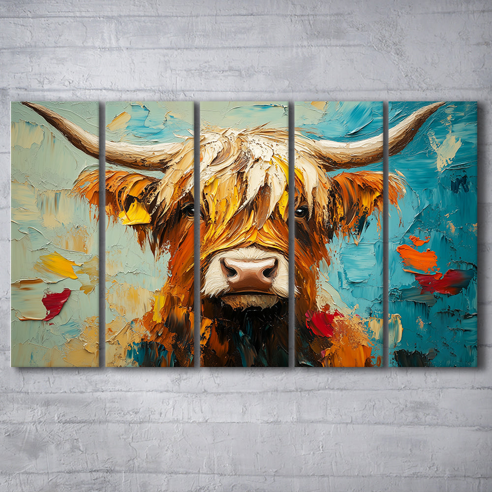 Close Up Highland Cow Portrait Art Painting, Canvas Art Print, Painting Art, Multi Panels Canvas Print Wall Art