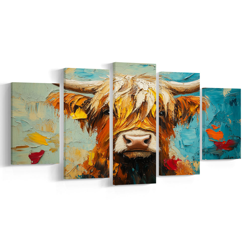 Close Up Highland Cow Portrait Art Painting, Canvas Art Decor Print, Painting Art, Mixed Panels Canvas Print Wall Art