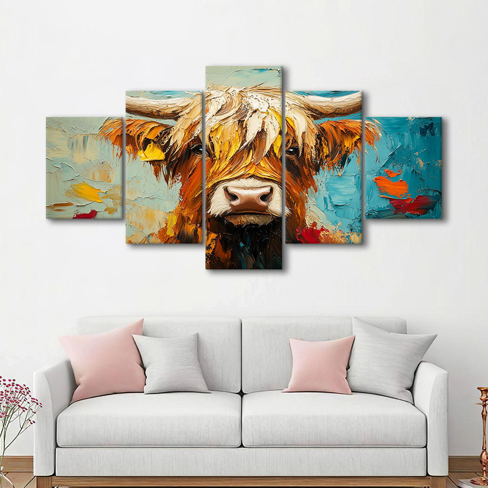 Close Up Highland Cow Portrait Art Painting, Canvas Art Decor Print, Painting Art, Mixed Panels Canvas Print Wall Art