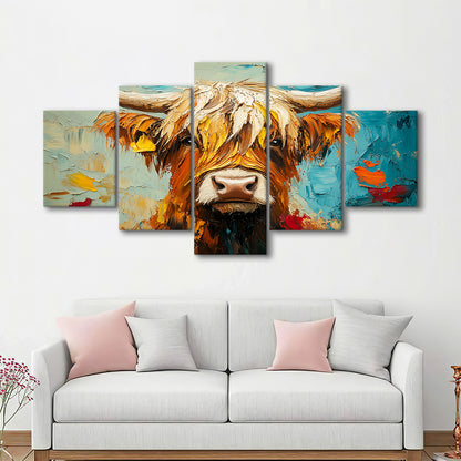 Close Up Highland Cow Portrait Art Painting, Canvas Art Decor Print, Painting Art, Mixed Panels Canvas Print Wall Art