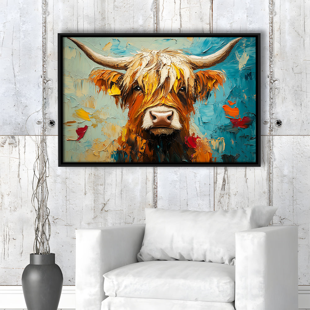 Close Up Highland Cow Portrait Art Painting, Framed Canvas Print, Painting Art, Floating Framed Canvas Print Wall Art