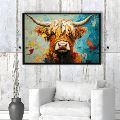 Close Up Highland Cow Portrait Art Painting, Framed Canvas Print, Painting Art, Floating Framed Canvas Print Wall Art