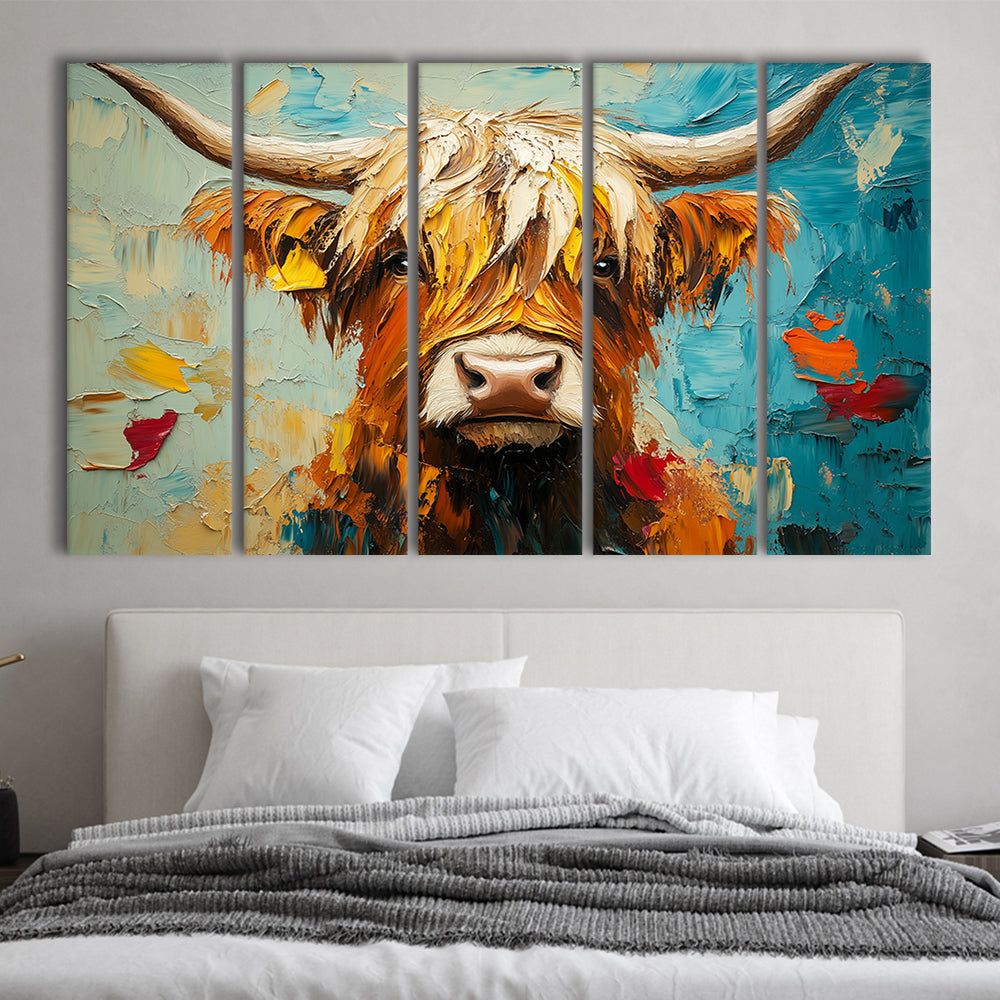 Close Up Highland Cow Portrait Art Painting, Canvas Art Print, Painting Art, Multi Panels Canvas Print Wall Art