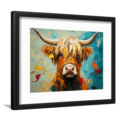 Close Up Highland Cow Portrait Art Painting, Framed  Print, Painting Art, Framed Art Print White Border Wall Decor