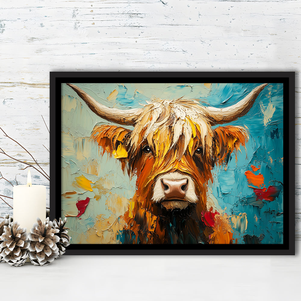 Close Up Highland Cow Portrait Art Painting, Framed Canvas Print, Painting Art, Floating Framed Canvas Print Wall Art
