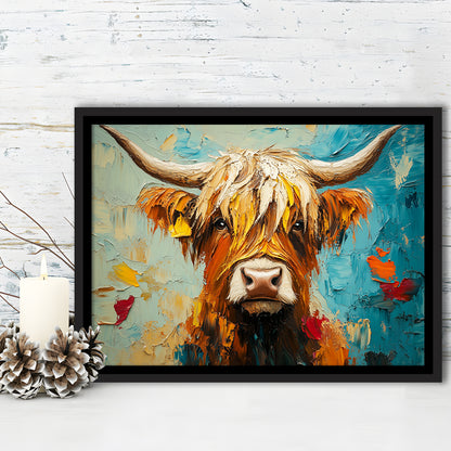 Close Up Highland Cow Portrait Art Painting, Framed Canvas Print, Painting Art, Floating Framed Canvas Print Wall Art