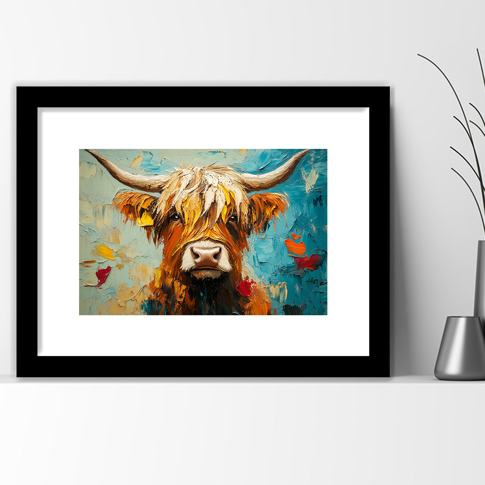 Close Up Highland Cow Portrait Art Painting, Framed  Print, Painting Art, Framed Art Print White Border Wall Decor