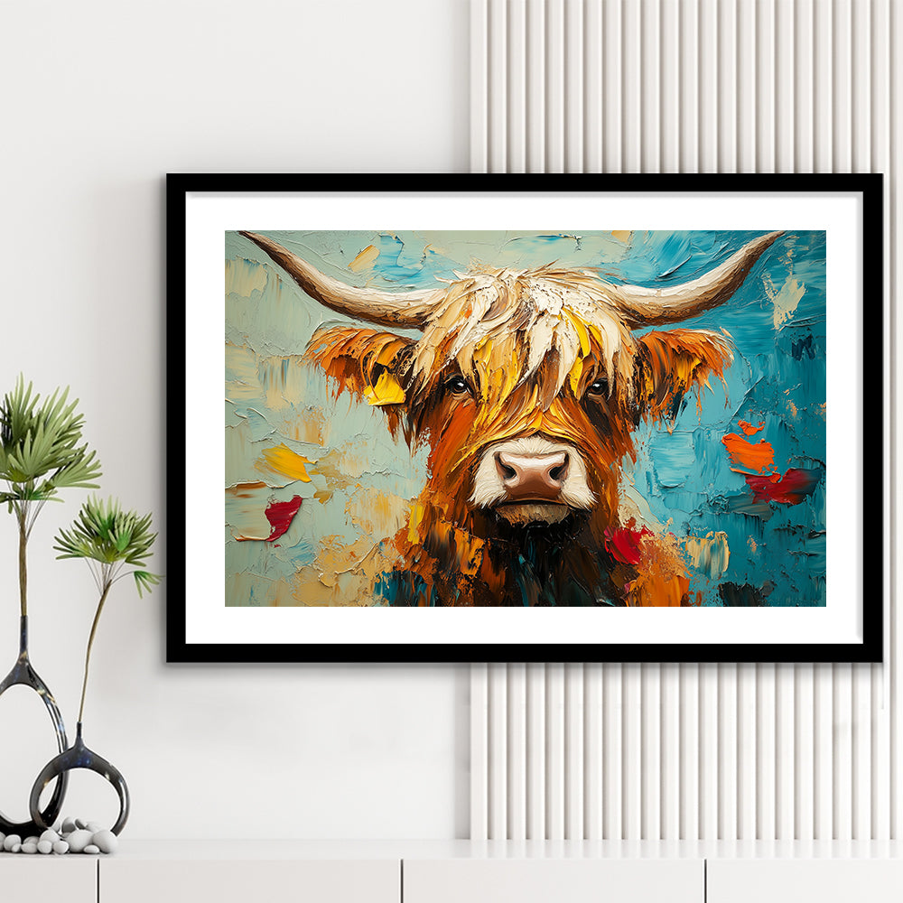 Close Up Highland Cow Portrait Art Painting, Framed  Print, Painting Art, Framed Art Print White Border Wall Decor