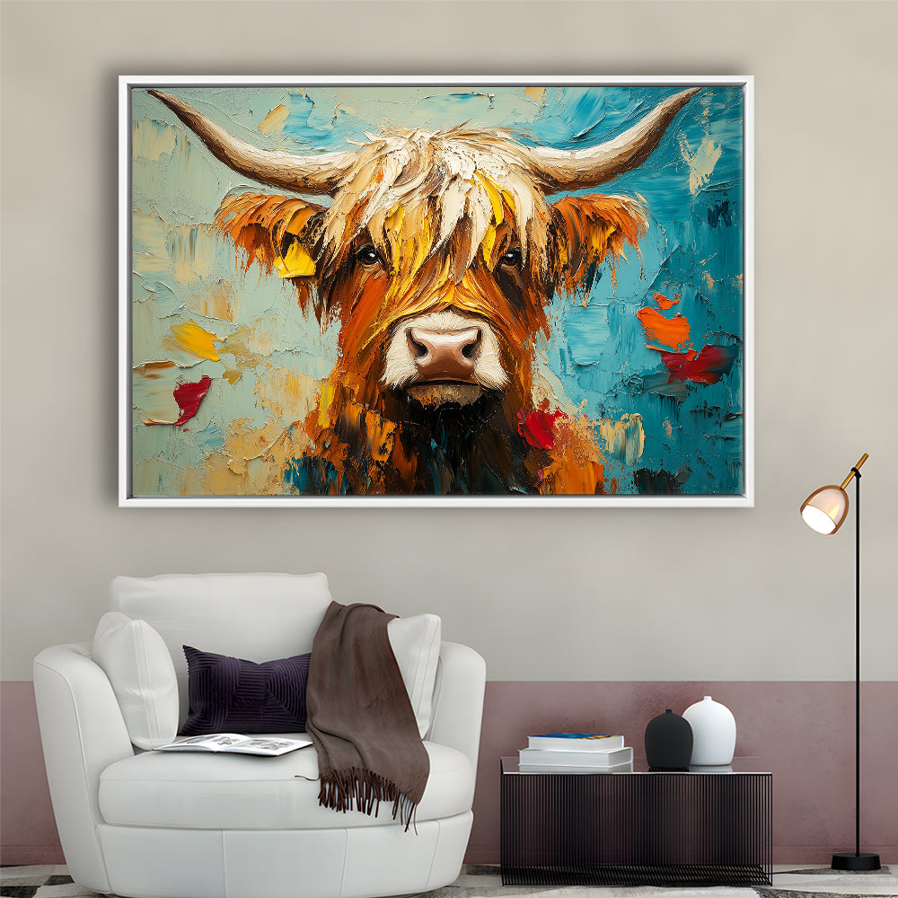 Close Up Highland Cow Portrait Art Painting, Framed Canvas Print, Painting Art, Floating Framed Canvas Print Wall Art