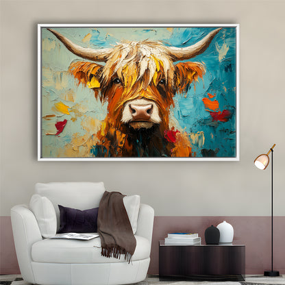 Close Up Highland Cow Portrait Art Painting, Framed Canvas Print, Painting Art, Floating Framed Canvas Print Wall Art