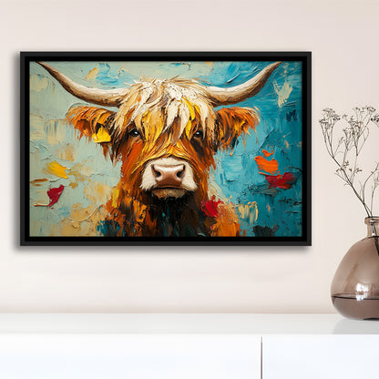 Close Up Highland Cow Portrait Art Painting, Framed Canvas Print, Painting Art, Floating Framed Canvas Print Wall Art