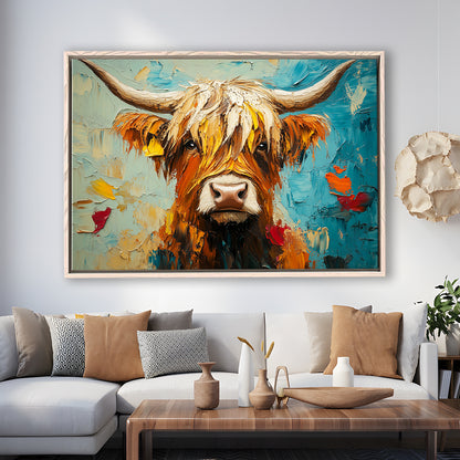 Close Up Highland Cow Portrait Art Painting, Framed Canvas Print, Painting Art, Floating Framed Canvas Print Wall Art