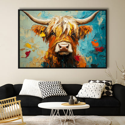 Close Up Highland Cow Portrait Art Painting, Framed Canvas Print, Painting Art, Floating Framed Canvas Print Wall Art