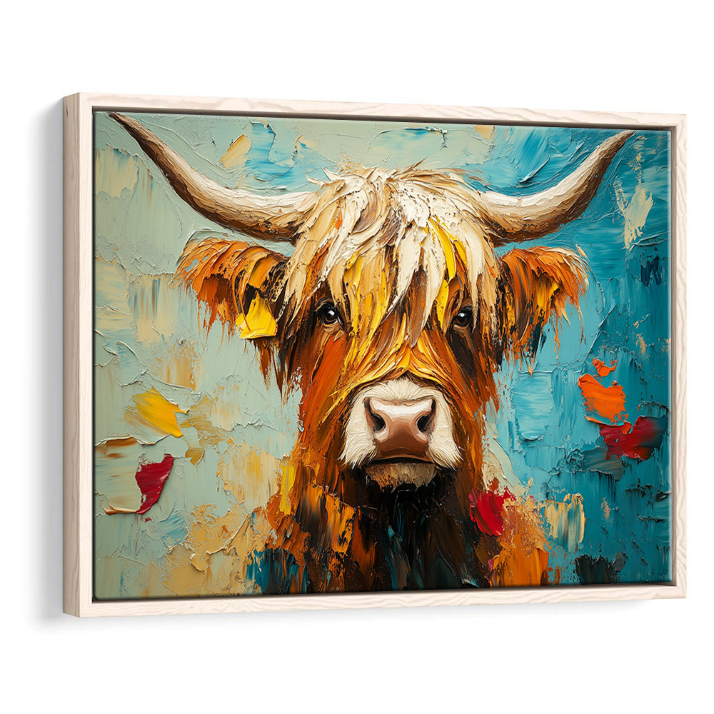 Close Up Highland Cow Portrait Art Painting, Framed Canvas Print, Painting Art, Floating Framed Canvas Print Wall Art