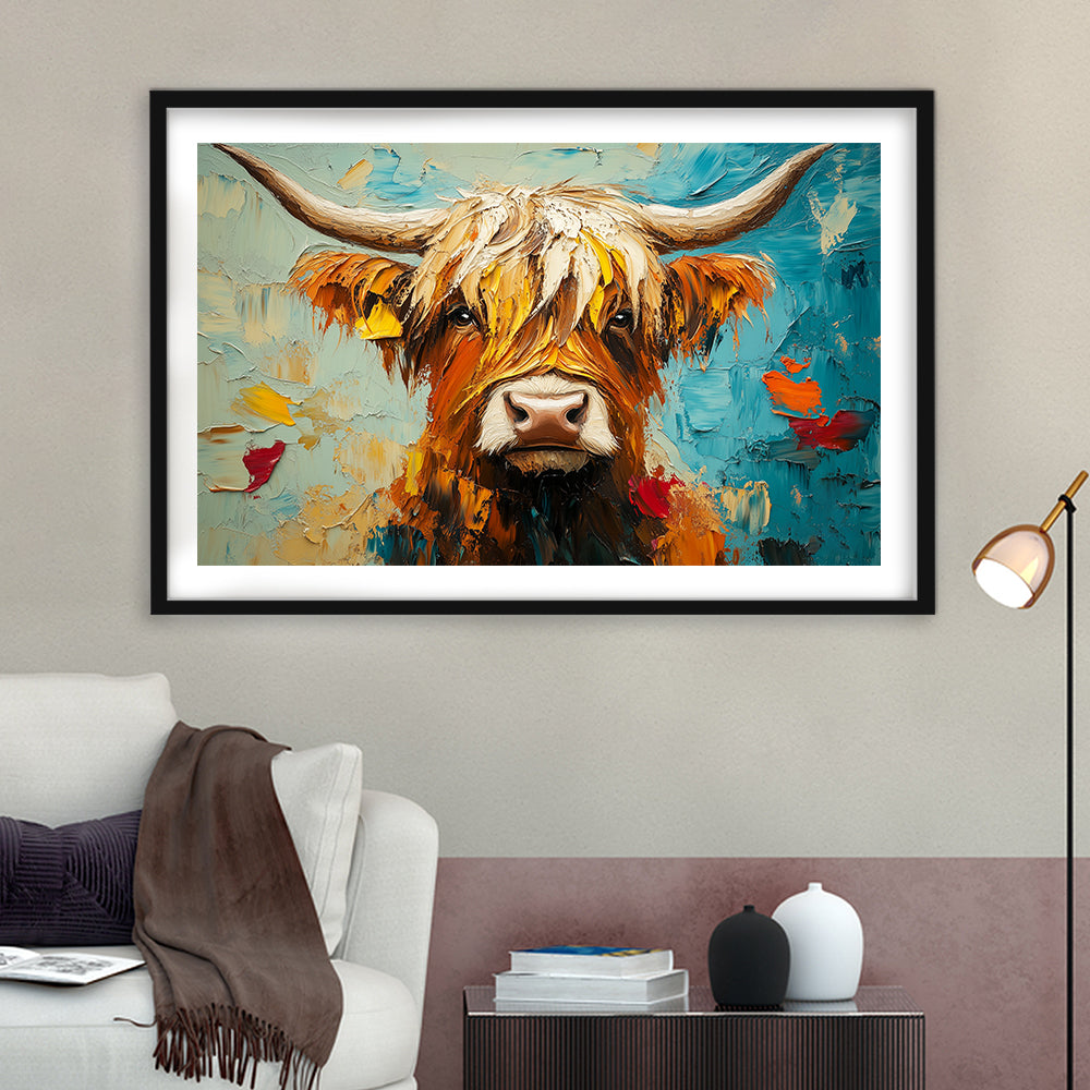 Close Up Highland Cow Portrait Art Painting, Framed  Print, Painting Art, Framed Art Print White Border Wall Decor