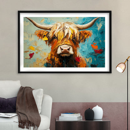 Close Up Highland Cow Portrait Art Painting, Framed  Print, Painting Art, Framed Art Print White Border Wall Decor