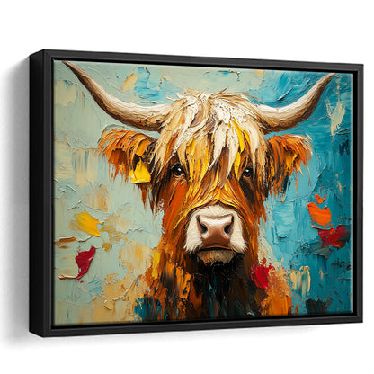 Close Up Highland Cow Portrait Art Painting, Framed Canvas Print, Painting Art, Floating Framed Canvas Print Wall Art