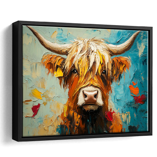 Close Up Highland Cow Portrait Art Painting, Framed Canvas Print, Painting Art, Floating Framed Canvas Print Wall Art