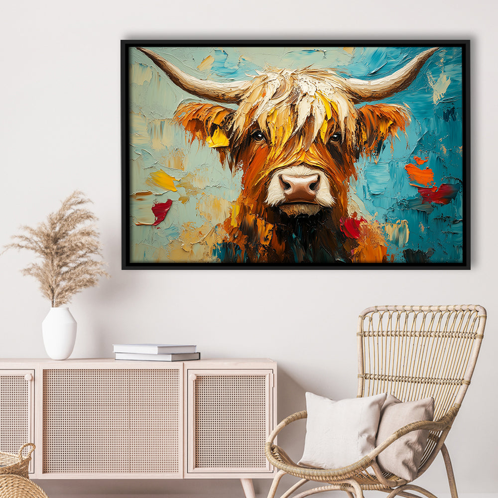 Close Up Highland Cow Portrait Art Painting, Framed Canvas Print, Painting Art, Floating Framed Canvas Print Wall Art